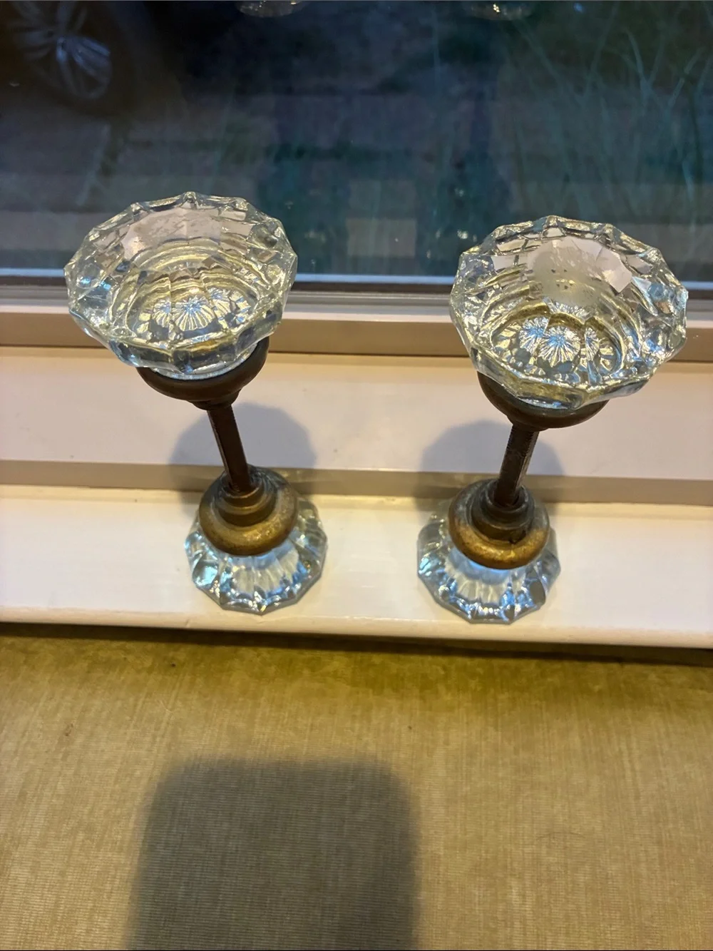 Vintage Glass and Brass Door Knob Pair in Clear Glass